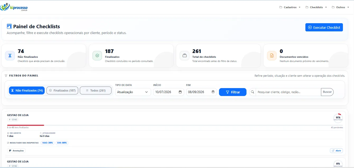 Painel do KiProcesso com indicadores de checklists finalizados, pendentes e documentos vencidos