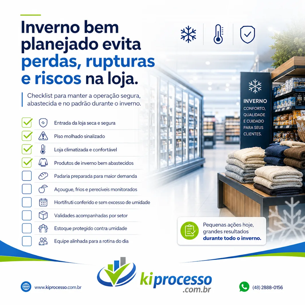 Checklist de inverno para supermercados — evitar perdas, rupturas e riscos com controle de estoque e rotinas padronizadas KiProcesso